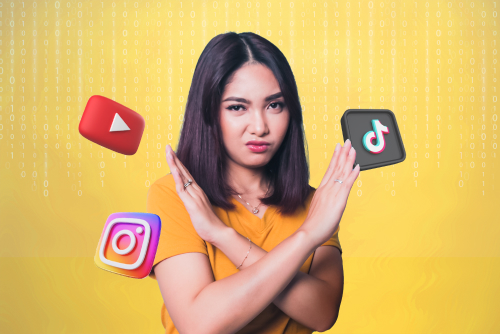 woman doing crossed arms with social media platforms in the background