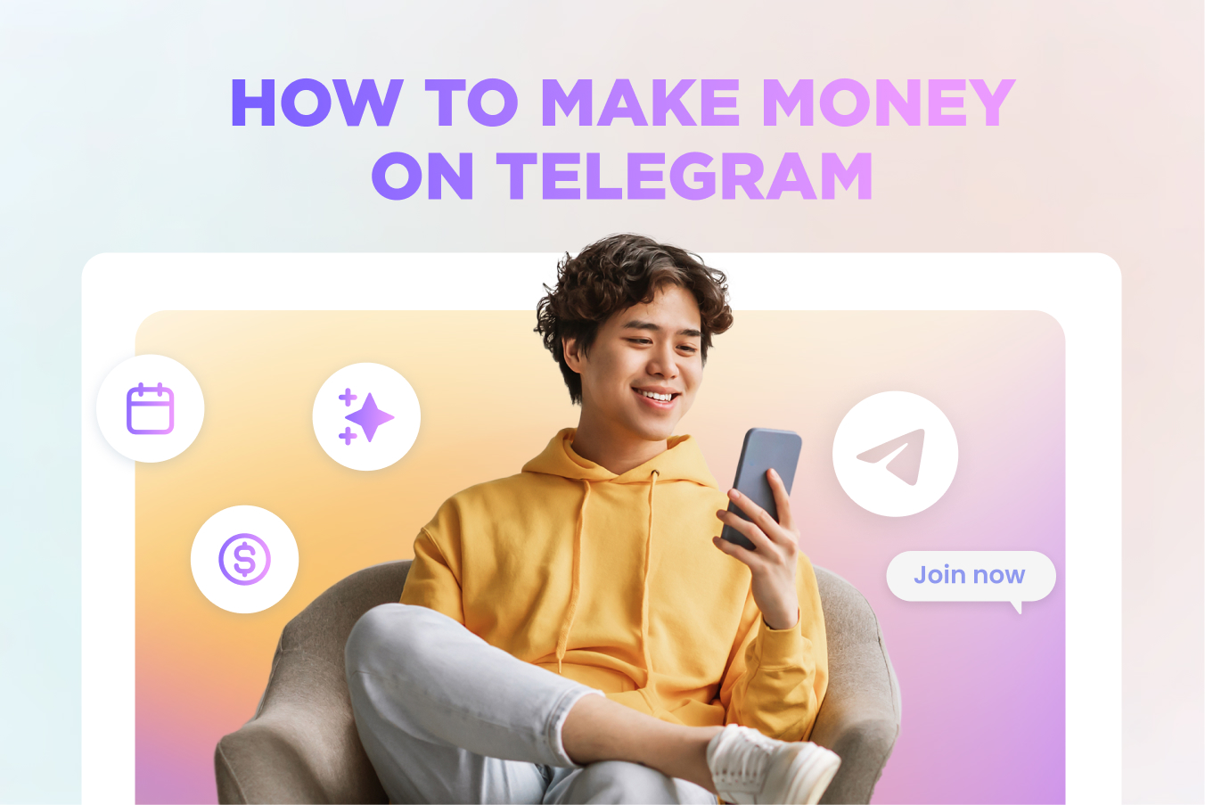 creator holding a smartphone with telegram logo in the background